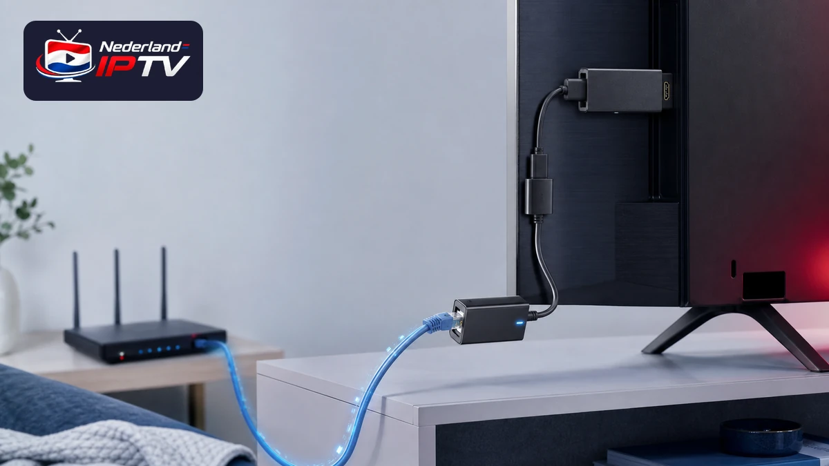 Ethernet adapter Firestick aangesloten op streamingstick, tv, voeding, RJ45-kabel en router