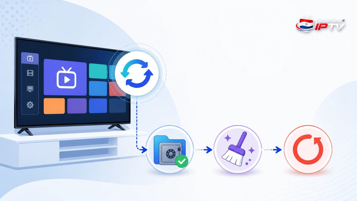 IPTV app opnieuw instellen na update met veilige back-up en herstelstappen