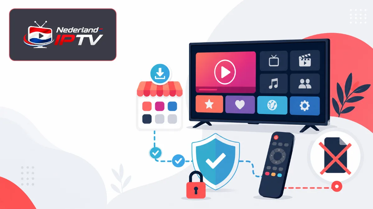 IPTV app zonder sideload als flat-vector met officiële appwinkel, televisie, afstandsbediening en beveiligingscontrole