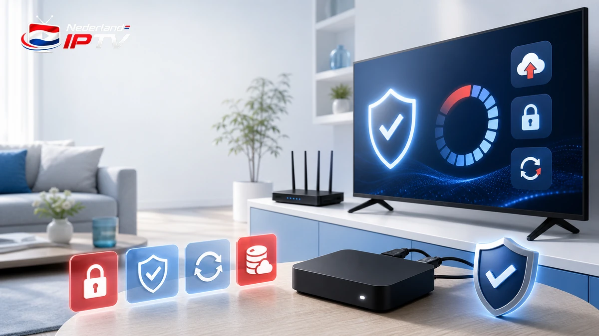 IPTV apparaat beveiligen met televisie, streamingbox, updateschild, slot, router en privacycontrole