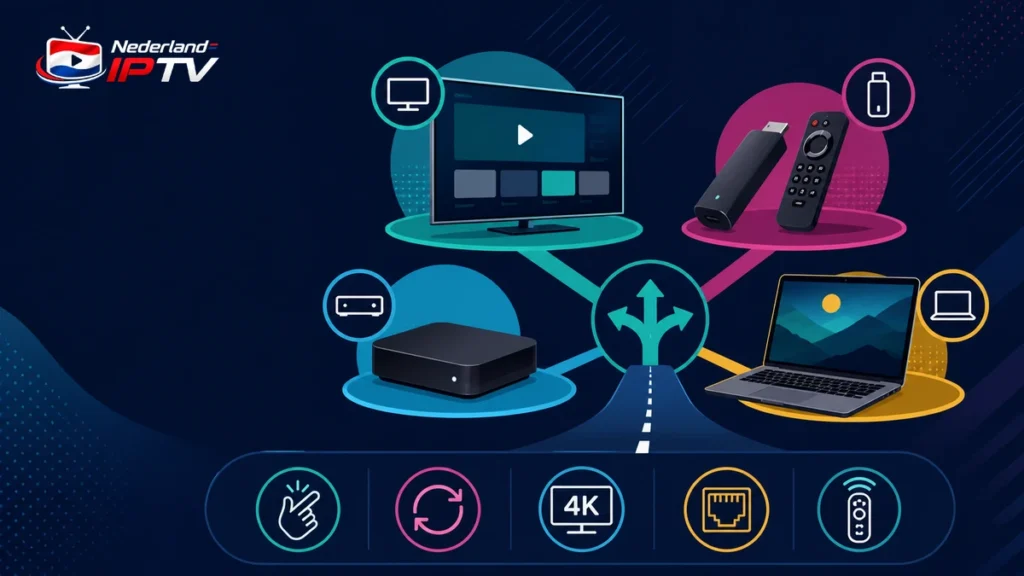 IPTV apparaat kiezen met smart-tv, streamingstick, streamingbox, laptop en vergelijkingsiconen