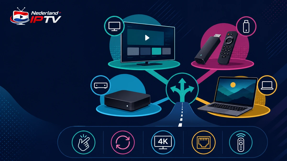 IPTV apparaat kiezen met smart-tv, streamingstick, streamingbox, laptop en vergelijkingsiconen