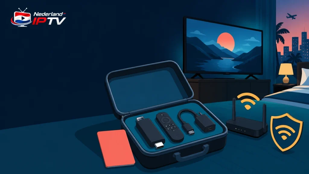 IPTV apparaat op reis met koffer, streamingstick, afstandsbediening, kabels, hotel-tv en wifi-schild
