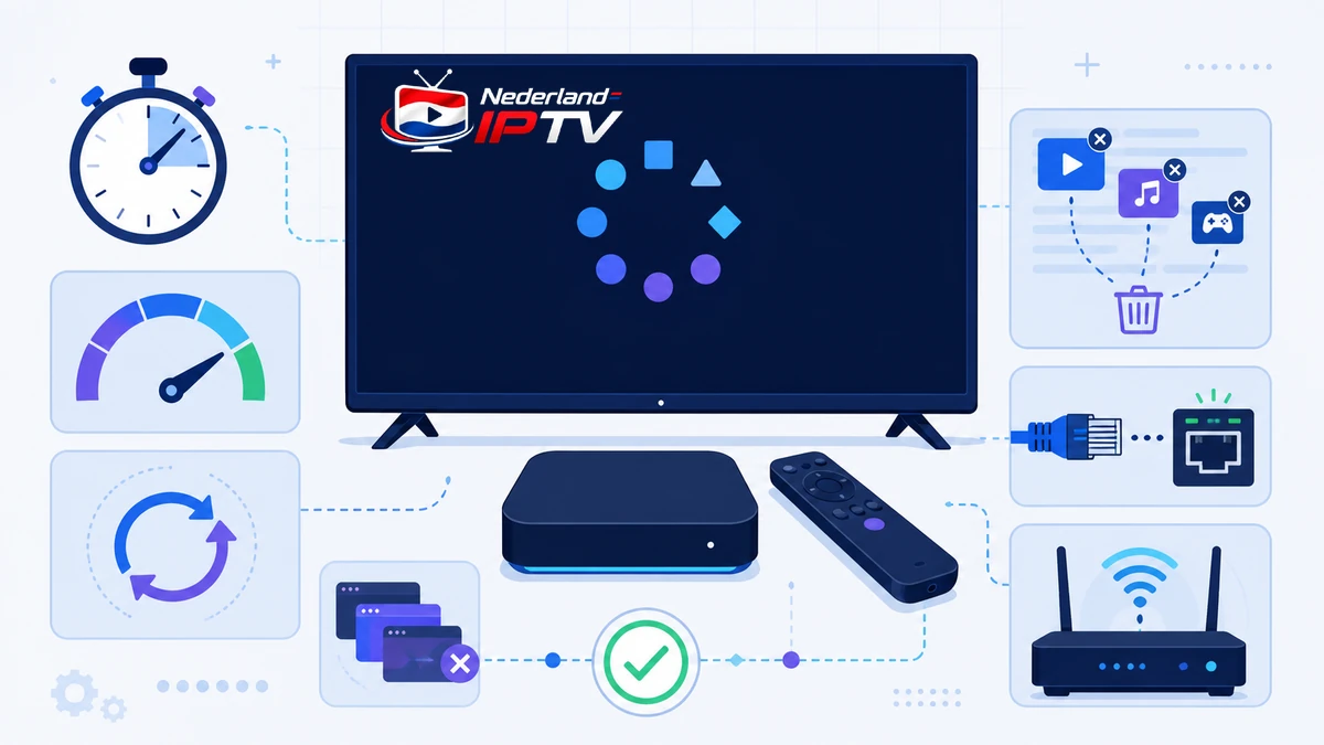 IPTV apparaat traag met televisie, streamingbox, prestatiemeter, opslag, netwerk en ventilatie