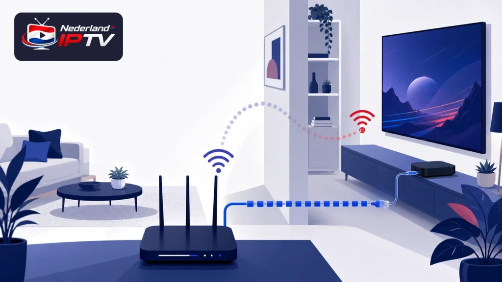 IPTV bekabeld of wifi met televisie, router, Ethernetkabel, wifi-signaal en vergelijking op dezelfde plek