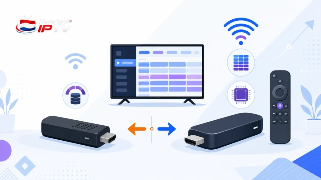 IPTV op Firestick modellen met oudere en nieuwere streamingstick, afstandsbediening, wifi, opslag en tv-gids