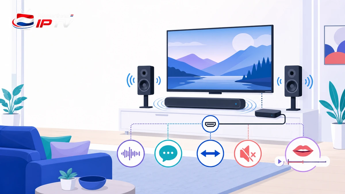 IPTV geluid oplossen met televisie, soundbar, HDMI, geluidsgolven en synchronisatiecheck