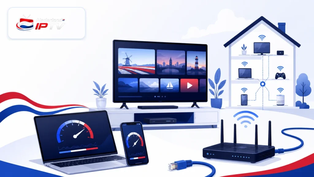 IPTV snelheidstest met smart-tv, router, laptop, telefoon en Ethernetkabel