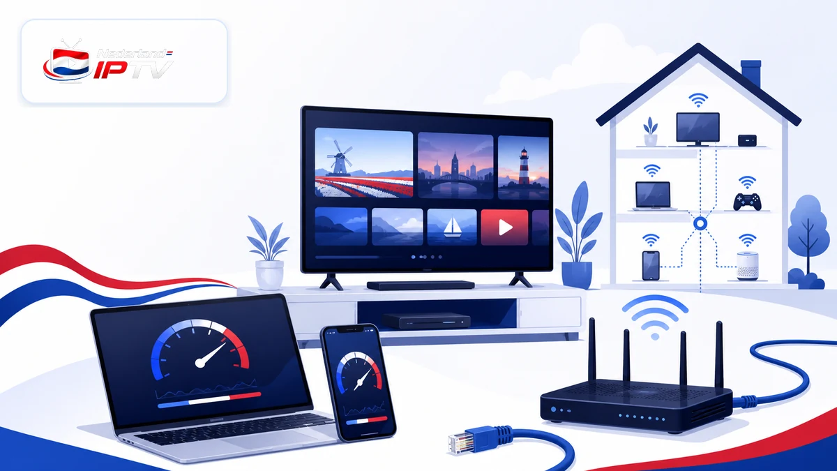 IPTV snelheidstest met router, televisie en snelheidsmeter