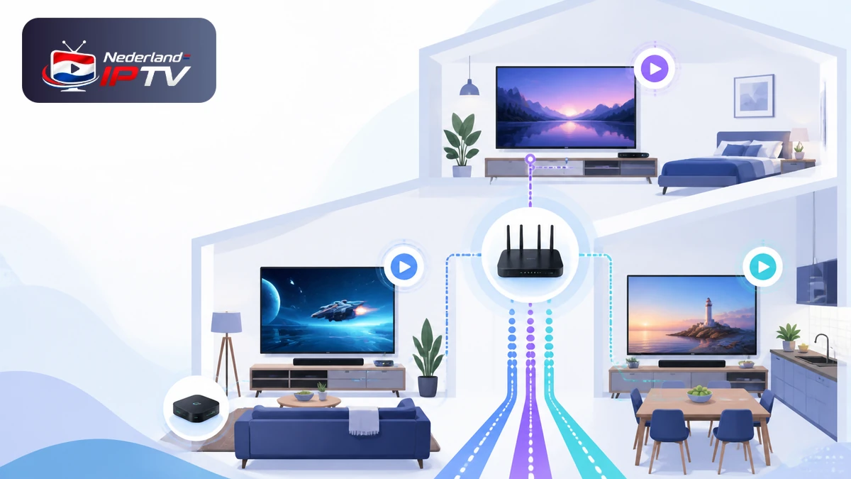 IPTV meerdere tvs in huis met twee televisies, router, Ethernet, wifi en gelijktijdige afspeeltest