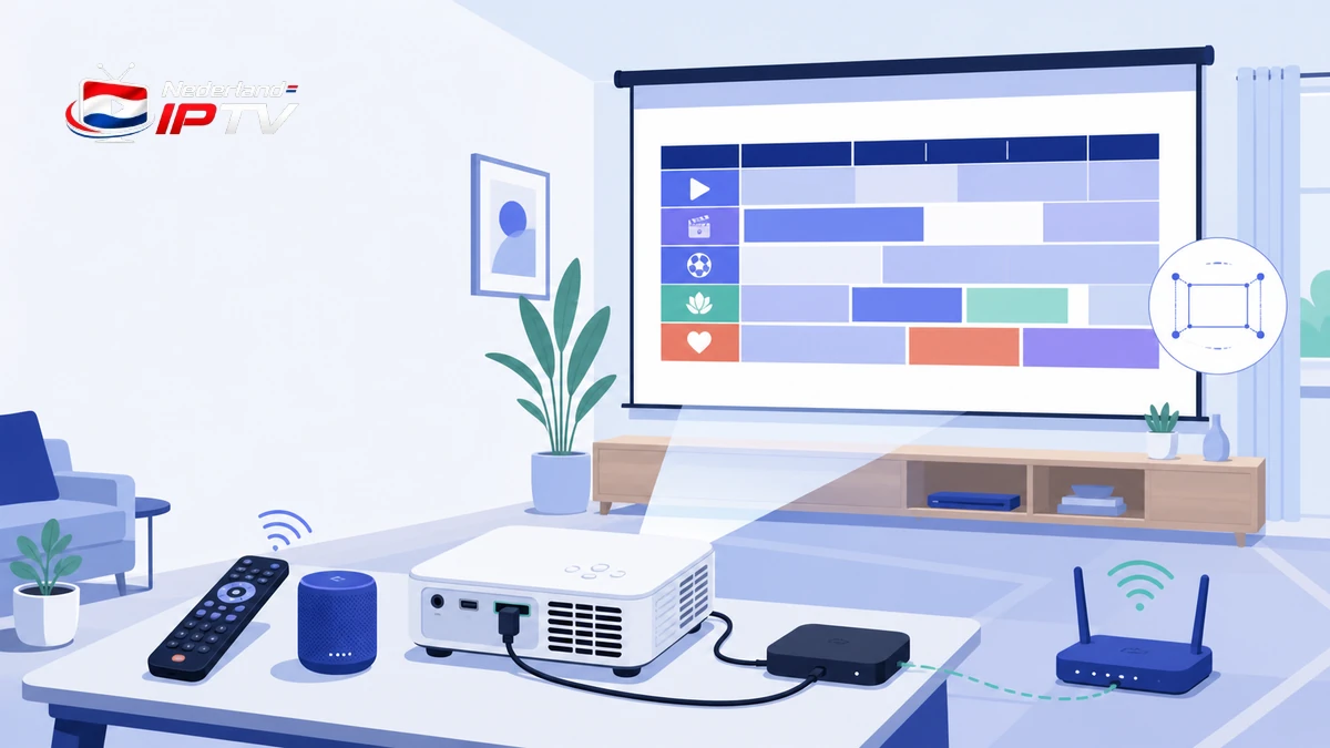 IPTV op beamer met projector, projectiescherm, HDMI-kabel, streamingbox, afstandsbediening, router en audio