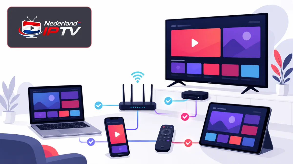 IPTV op elk apparaat als flat-vector met smart-tv, box, telefoon, tablet, laptop, afstandsbediening en router