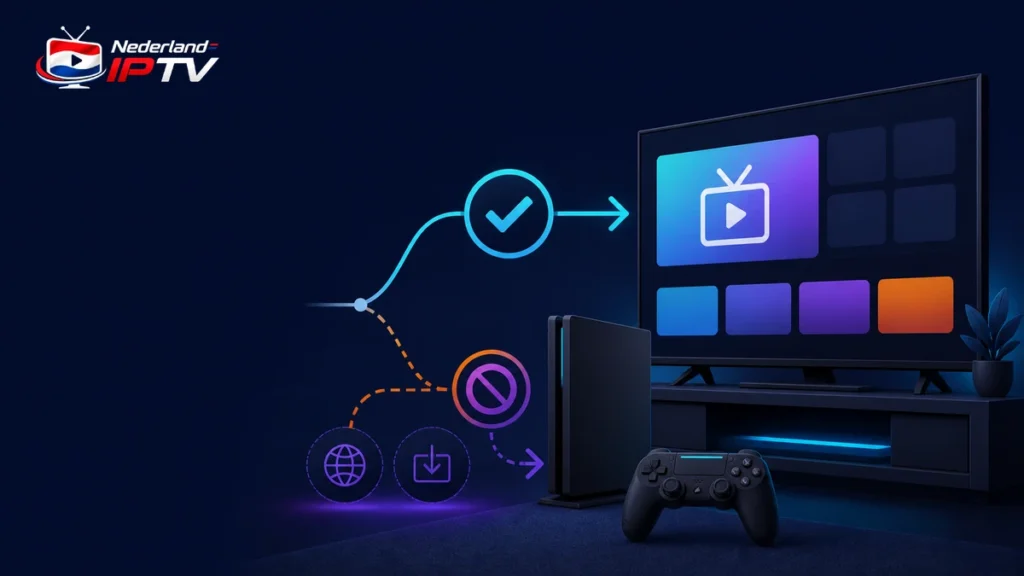 IPTV op gameconsole met televisie, generieke console, controller, media-app en veilige keuze
