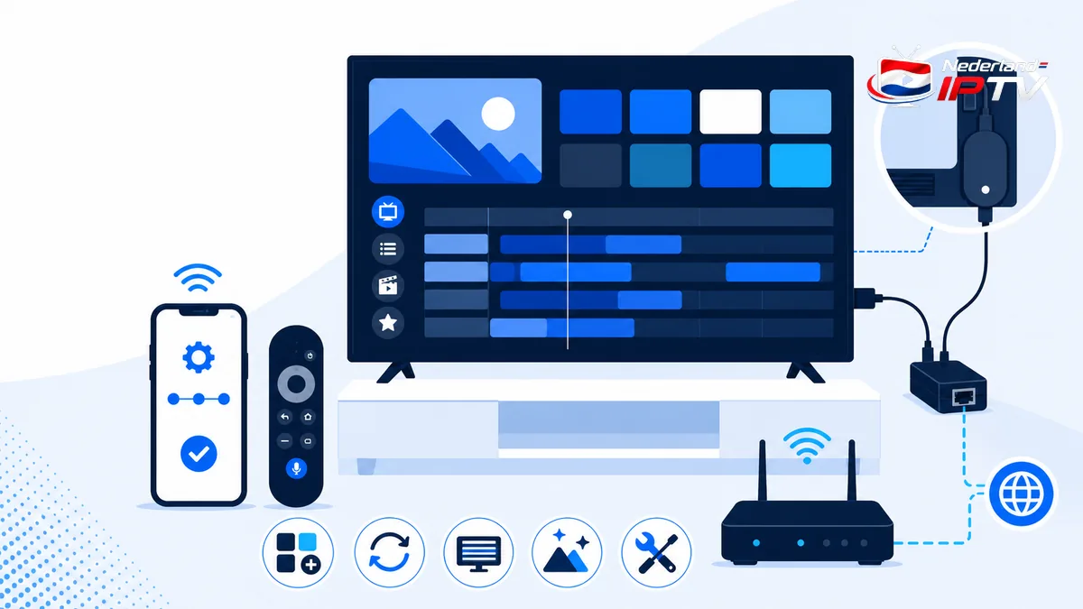 IPTV op Google TV met Chromecast, afstandsbediening, app-raster, EPG, wifi, Ethernet en veilige instellingen