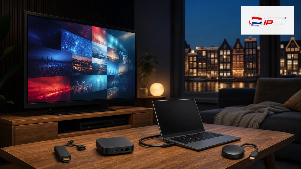 IPTV op oude TV met streamingstick, mediabox, laptop en casting