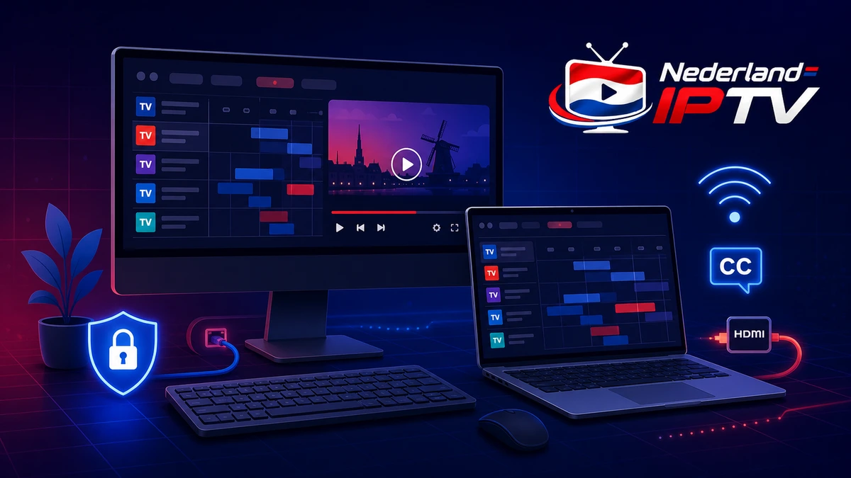 IPTV op pc Windows met desktop, laptop, EPG, videospeler, Ethernet, wifi, ondertiteling en HDMI