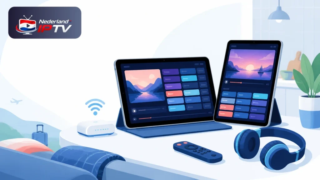IPTV op tablet met Android-tablet, iPad, wifi-router, beveiligde app, hoofdtelefoon en castscherm