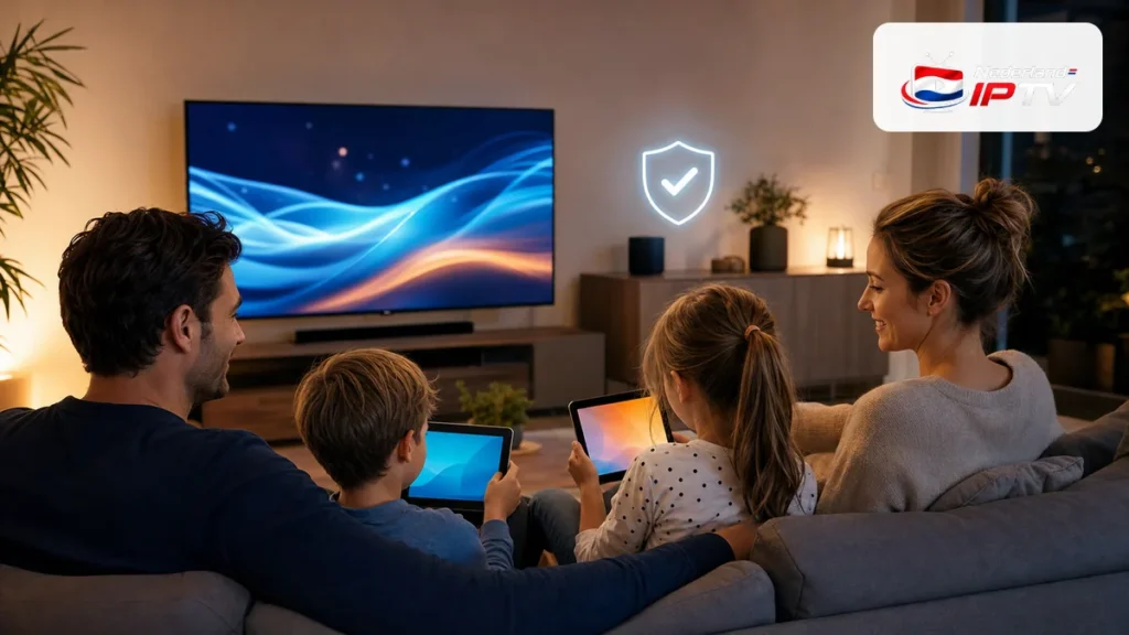 Gezin gebruikt IPTV met ouderlijk toezicht op meerdere schermen