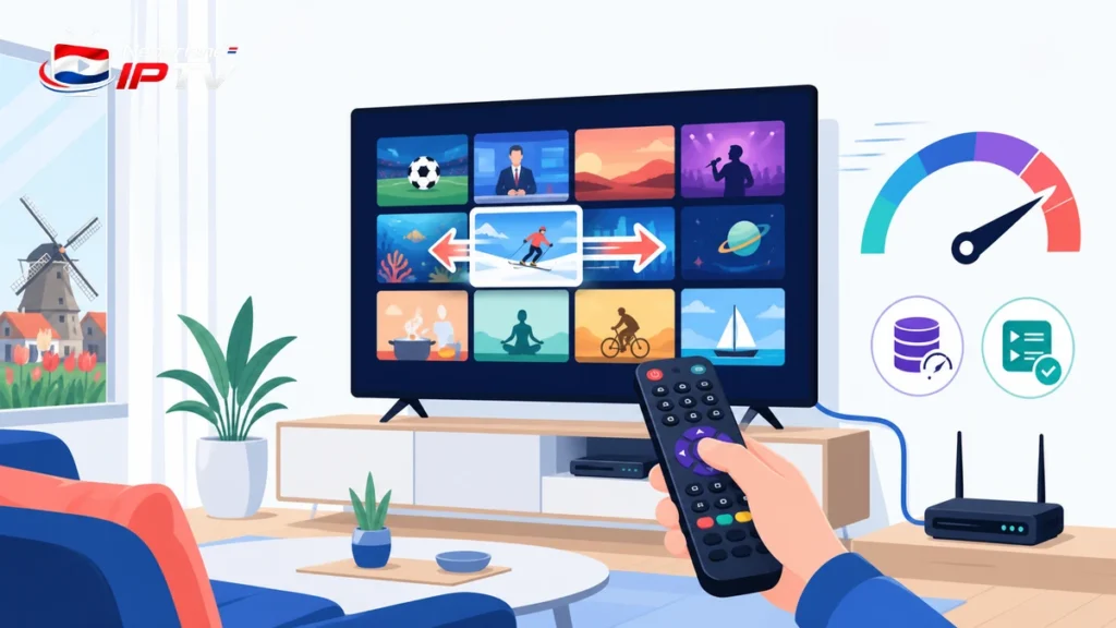 IPTV sneller zappen met afstandsbediening, kanaalwissel, bufferindicator en snelheidsmeting