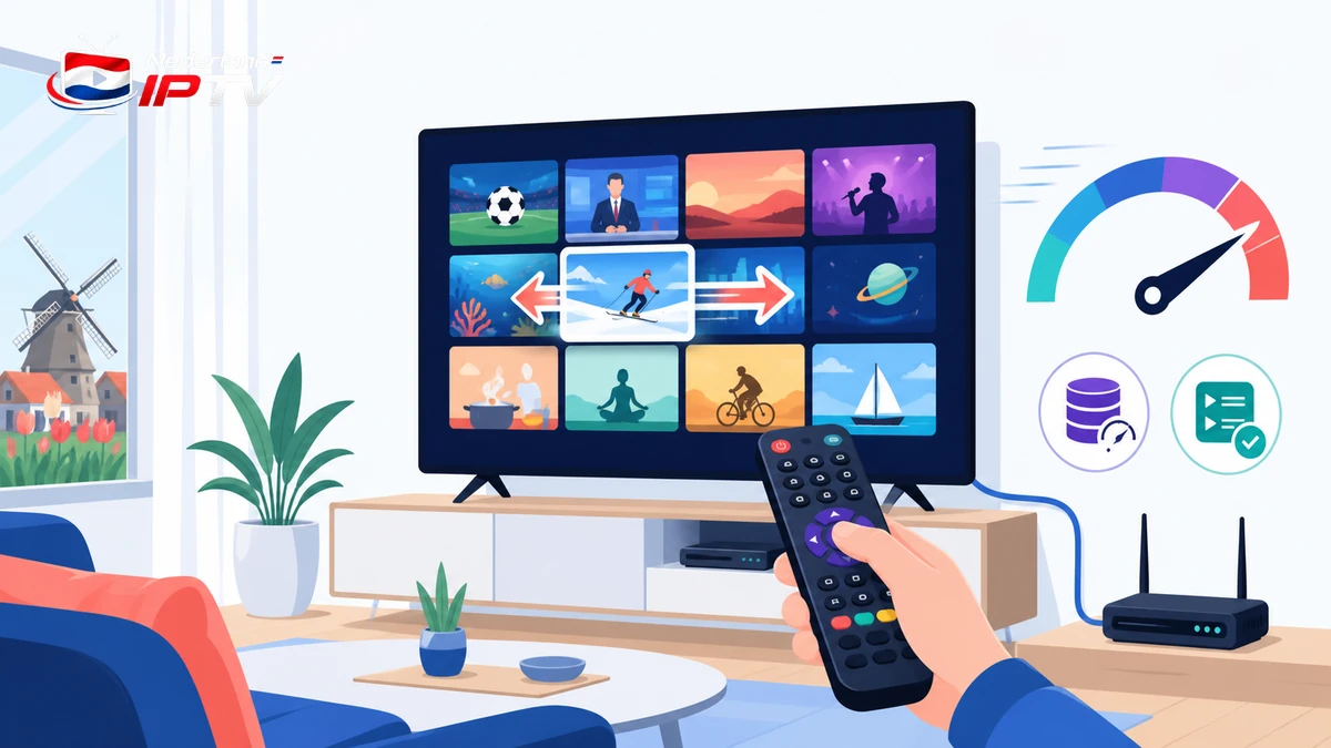 IPTV sneller zappen met afstandsbediening, kanaalwissel, bufferindicator en snelheidsmeting