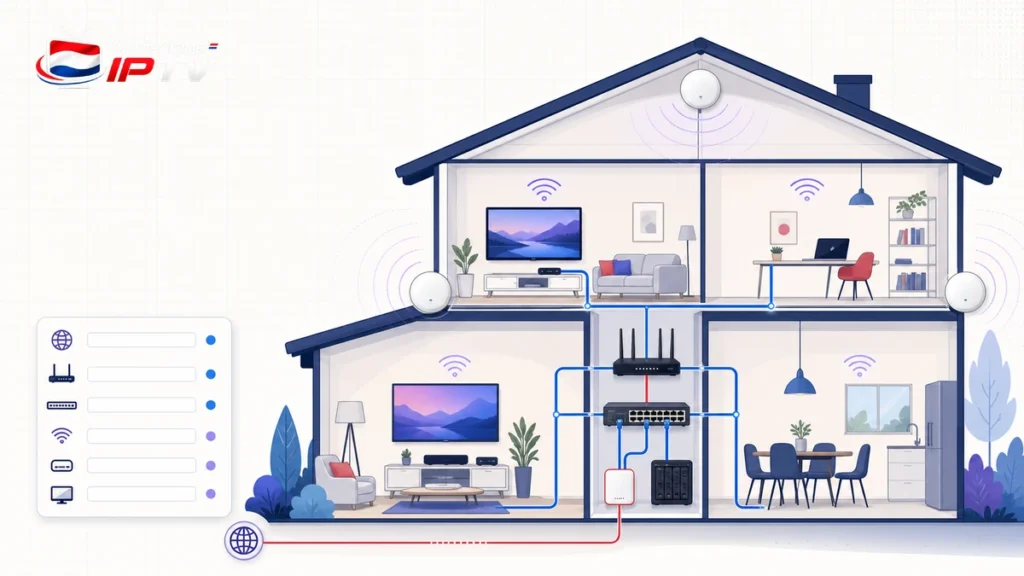 IPTV thuisnetwerk optimaliseren met router, access points, ethernet, wifi en televisies per kamer