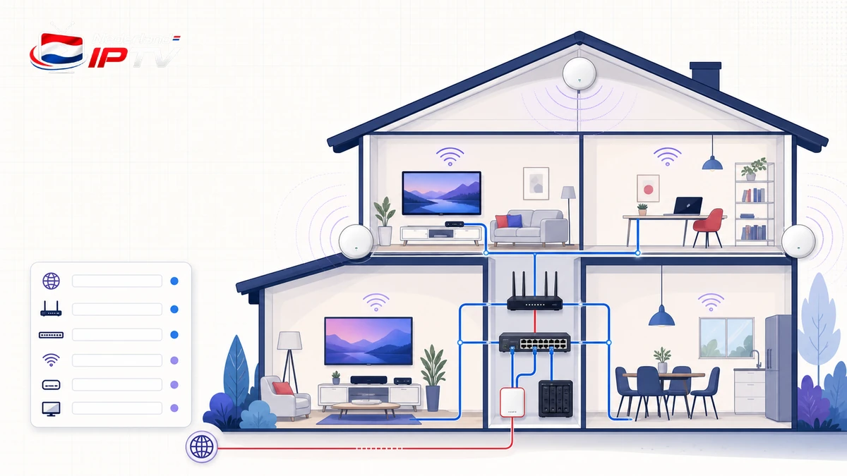 IPTV thuisnetwerk optimaliseren met router, access points, ethernet, wifi en televisies per kamer