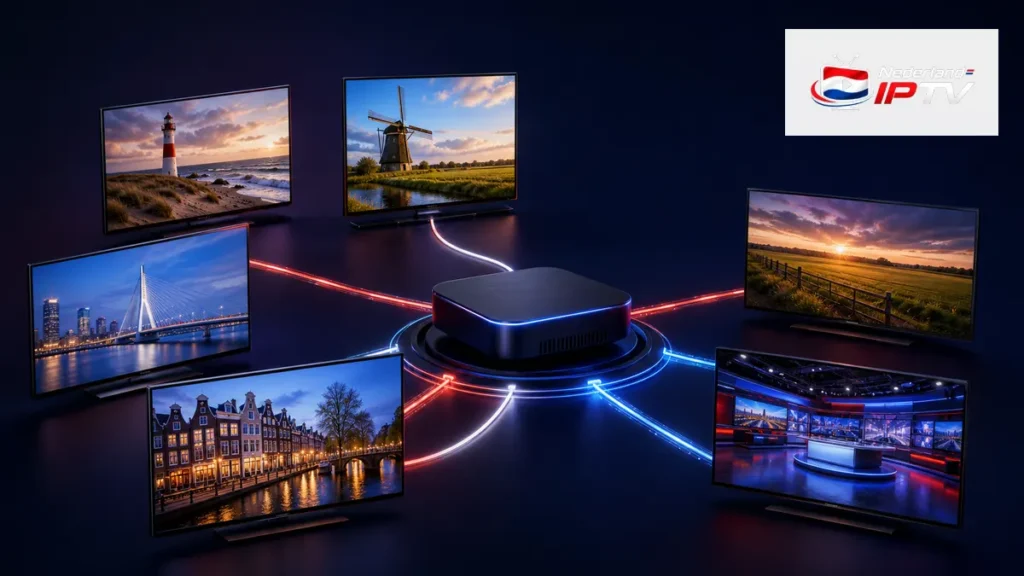 Regionale zenders IPTV met zes Nederlandse omroepbeelden rond een streamingbox