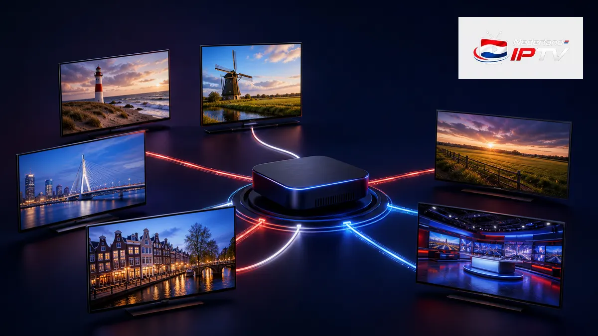 Regionale zenders IPTV met zes Nederlandse omroepbeelden rond een streamingbox