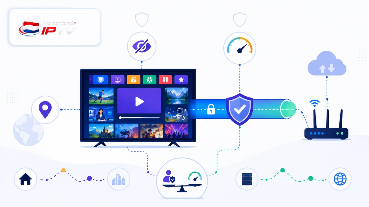 VPN voor IPTV nodig met veilige tunnel, televisie, router en snelheidsmeter