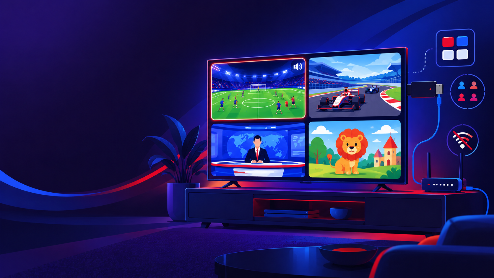 IPTV multiview met vier zenders tegelijk op één tv-scherm